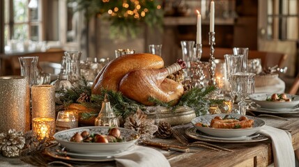 Naklejka premium A festive spread with a golden turkey, rustic decor, and cozy candles setting the holiday mood