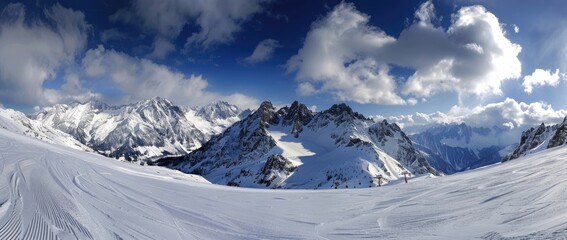 Fototapeta premium Panoramic view of snow-covered mountains in the Alps, a blue sky with white clouds overhead