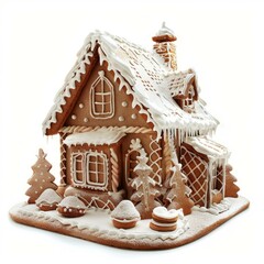 Gingerbread house decorated with icing sugar standing on white background