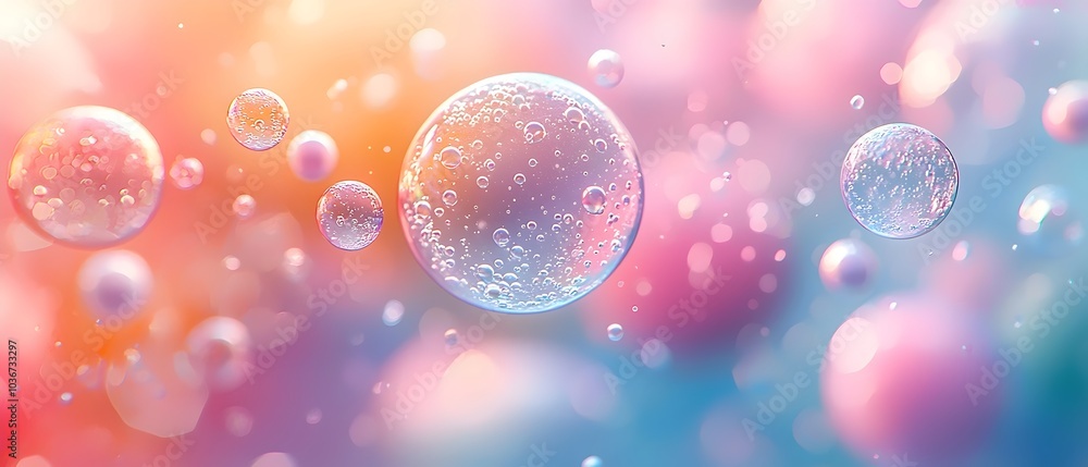 Poster a mesmerizing array of translucent bubbles floating against a soft, dreamy pastel background, creati