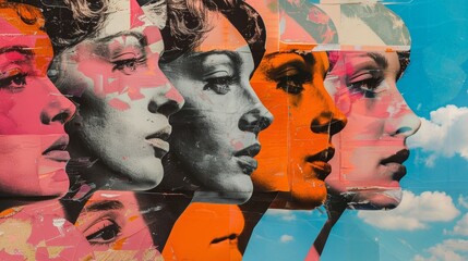 Artistic collage featuring a womans face crafted from paper, highlighting themes of womens rights and feminism. Bright, vibrant graphic design suitable for backgrounds and wallpapers