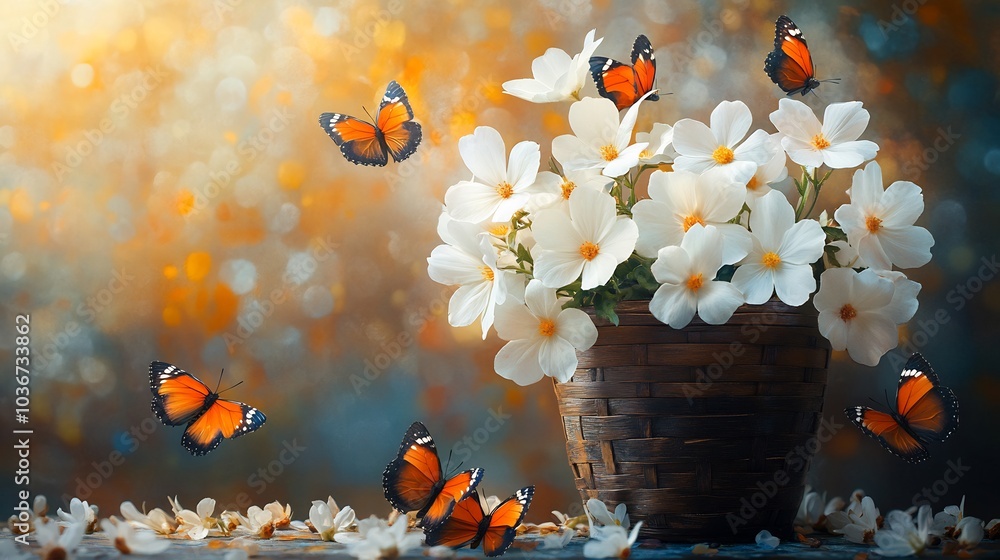 Poster vibrant scene showcasing a wooden basket overflowing with pristine white flowers and colorful butter