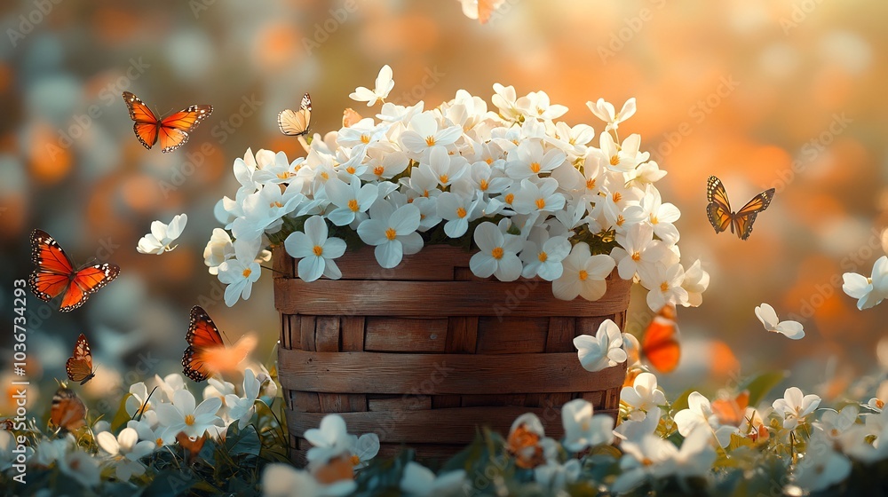 Poster vibrant scene showcasing a wooden basket overflowing with pristine white flowers and colorful butter