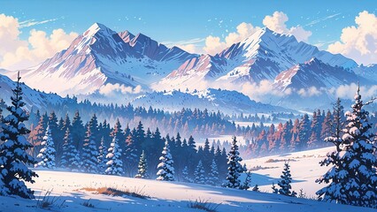 Anime winter landscape background with an amazing view of mountains and snow-covered pine trees
