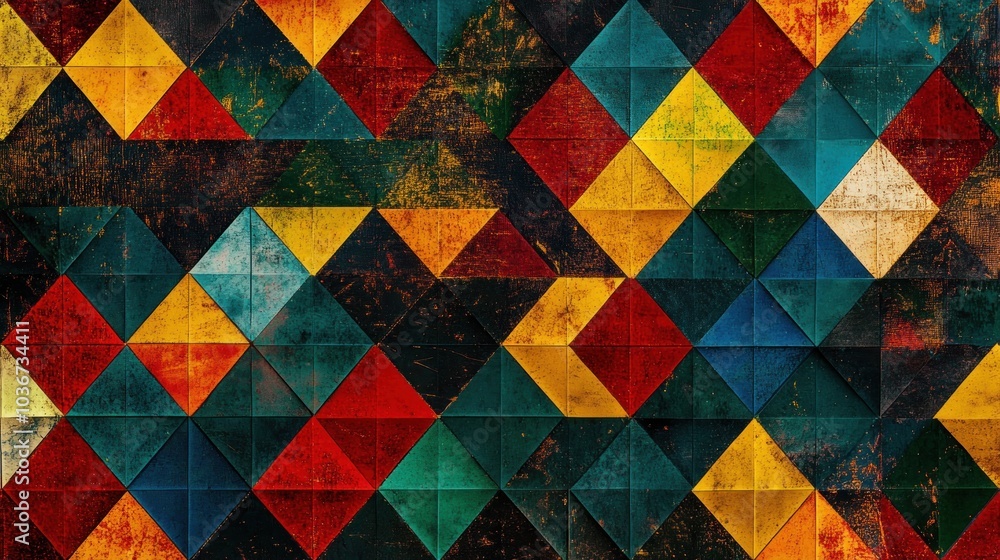 Poster a textured pattern of colorful, geometric triangles arranged in a vibrant mosaic style.
