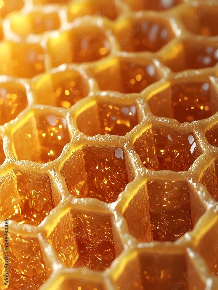 Poster close-up of a vibrant honeycomb structure, showcasing the intricate hexagonal cells filled with gold