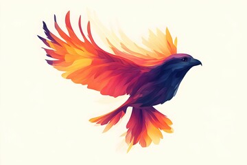 Obraz premium A symbolic illustration logo of Colorful Bird: A vibrant and abstract illustration of a bird in flight, its wings painted in shades of blue, orange, purple, and yellow. The bird emblem logo design 