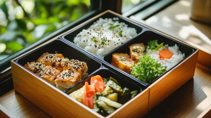 Traditional Bento Box with Rice and Pickles on Tray