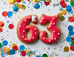 Decorated cookie, number 63, image for birthday or anniversary celebration