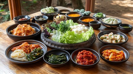Obraz premium Traditional Kimchi and Side Dishes in Natural Light