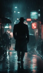 Obraz premium Silhouette walking in rain at night.