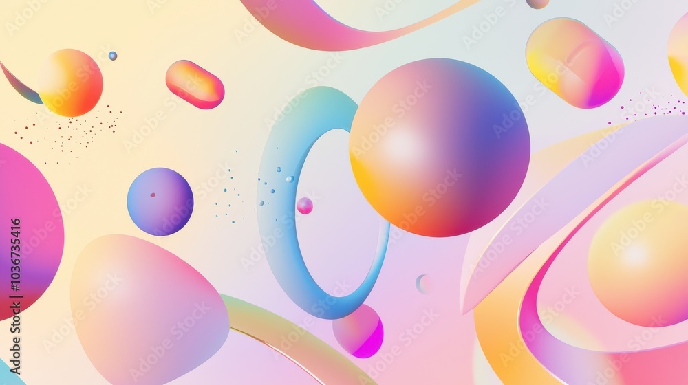 Poster colorful abstract composition with floating 3d spheres and curved shapes in gradient tones, ai gener