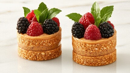 Two stacked oat desserts topped with raspberries and blackberries on a marble surface 