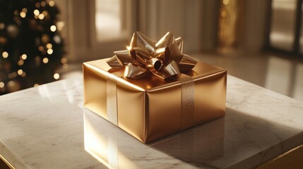 A luxurious gift box with a shimmering gold bow rests on a marble table, reflecting soft ambient light