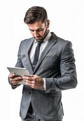 Businessman in gray suit examining tablet with furrowed brow. Concentrated expression, short dark hair and beard isolated on transparent background cutout. Problem solving concept.