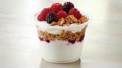 Yogurt parfait topped with granola, raspberries, and blackberries in a clear cup on a light background 