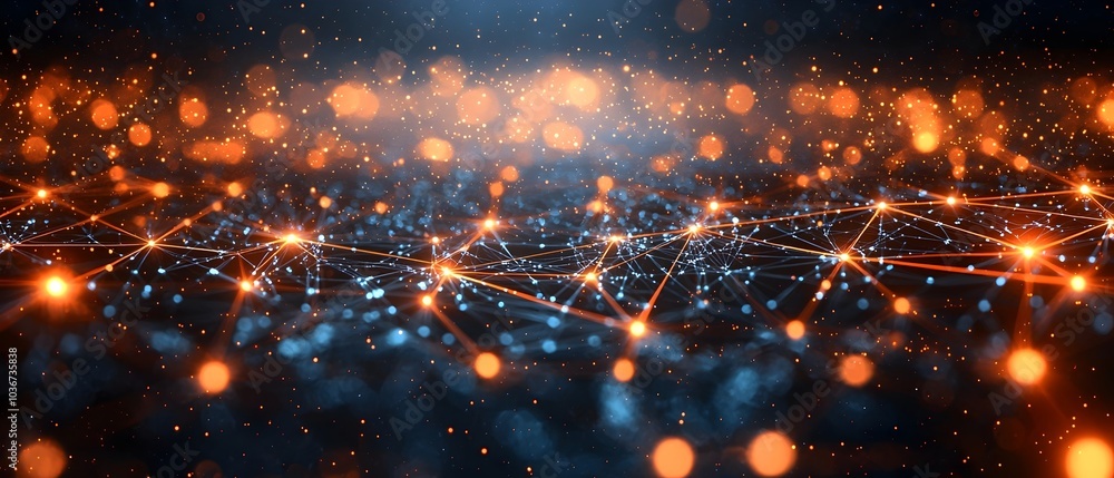 Poster an abstract representation of a network with glowing blue and orange nodes interconnected by lines, 