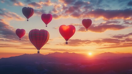 Fototapeta premium Valentine's Day hot air balloons in a sunset sky: 3D-rendered sky filled with colorful heart-shaped