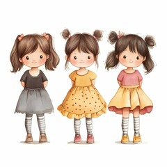 Adorable Trio of Girls in Watercolor Style. Three charmingly illustrated little girls, each with a unique hairstyle and colorful outfit 
