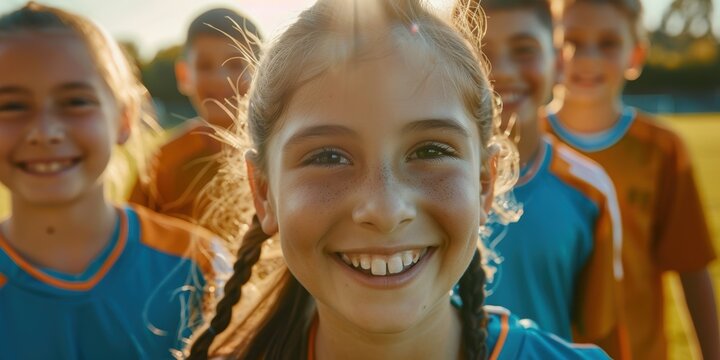 Group of joyful children celebrating their victory in a sports competition, showcasing teamwork and unity in a game played on grass