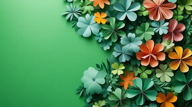 Vibrant St Patrick's Day banner design featuring a flat lay of colorful paper art fourleaf clovers arranged on a lush green background with plenty of copy space for text
