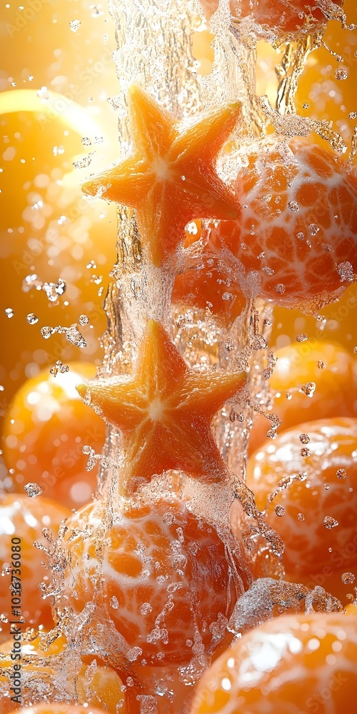 Poster a vibrant cascade of water flowing over fresh oranges and starfruit, creating a refreshing and color