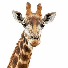 Obraz premium Giraffe is curiously looking forward on a white background