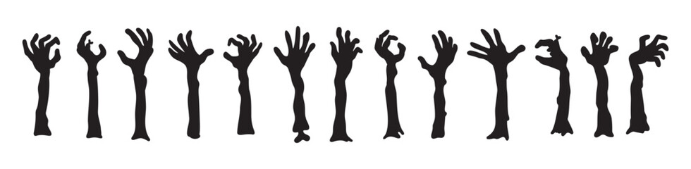 Zombie hands silhouettes. Halloween decor. Set doodle zombie hand