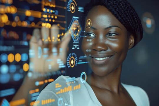 Joyful woman interacting with data analytics dashboard in a digital interface, showcasing a blend of innovation and virtual reality