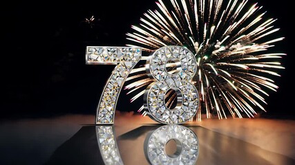 Dazzling crystal diamond number seventy eight 78 shines brightly against a contrasting dark backdrop. Fireworks in the background. For congratulations and anniversaries - Powered by Adobe