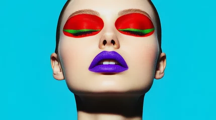 Vibrant Neon Portrait of Woman with Bold Makeup in Futuristic Lighting © Aleksandra