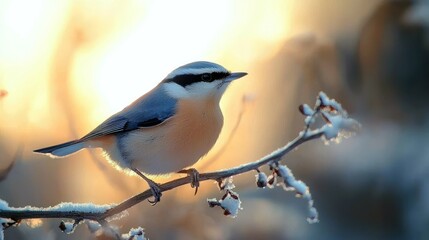 Naklejka premium A small bird perched on a snow-covered branch with the sun setting in the background.
