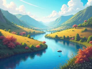 Serene river flowing through a valley in springtime