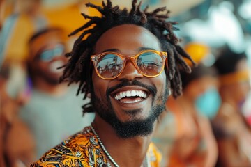 Man dancing with friends at music festival, Generative AI