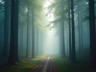 Obraz premium Sunbeams illuminating dirt road path through foggy forest
