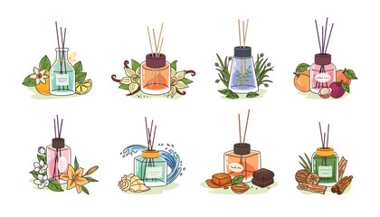 Reed sticks diffuser perfume types. Aroma glass bottles with citrus, oriental spices, fresh grass, fruits and gourmand fragrances notes. Flowers, aquatic and woody perfumes vector illustration set.