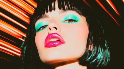 A high-energy closeup of a Mediterranean model with vibrant teal eyeliner and neon pink lipstick, blending sophistication and allure with an explosive twist, her hair streaked with fluorescent colors.