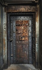 Rusty, metal door with lock in old building.