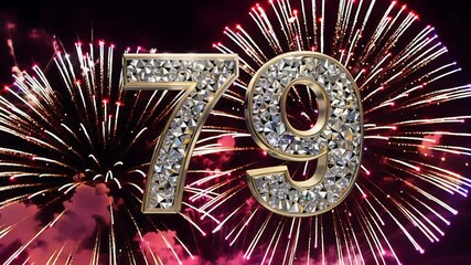 Dazzling crystal diamond number seventy nine 79 shines brightly against a contrasting dark backdrop. Fireworks in the background. For congratulations and anniversaries - Powered by Adobe