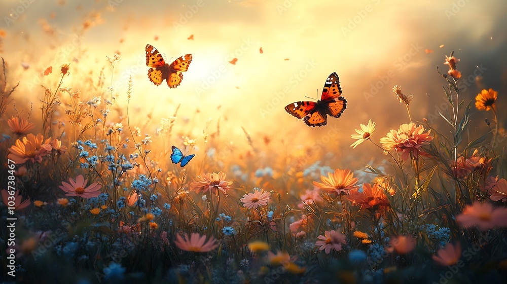 Poster vivid and artistic representation of a spring meadow filled with wildflowers highlighted by the flut