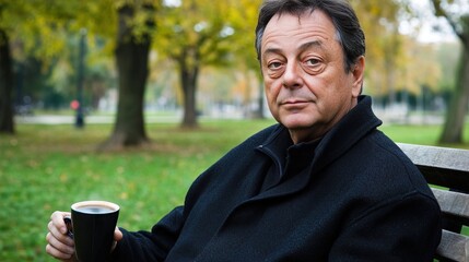 Fototapeta premium Middle-aged man with slight tremor holding cup of coffee on park bench, symbolizing struggle with Parkinson's disease, calm natural setting.