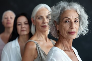 Fototapeta premium Portrait of diverse senior women showcasing natural beauty and healthy skin in a studio, highlighting skincare, wellness, and beauty products