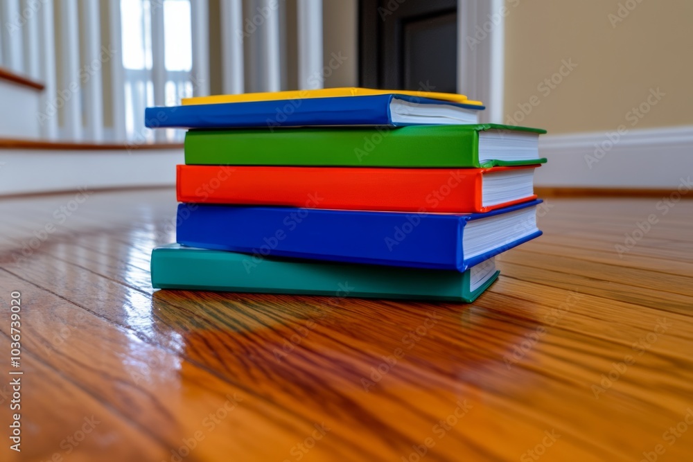 Poster stack of books with different colors on a wooden floor. the books are arranged in a pyramid shape, w