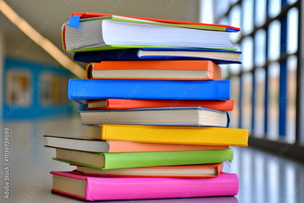 Poster stack of colorful books on a table. books are of different sizes and colors, and they are piled on t