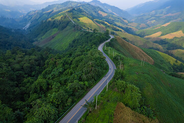 Aerial view in the morning of a road through a lush green forest leading to a rural village.