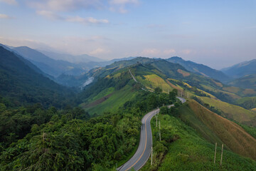 Aerial view in the morning of a road through a lush green forest leading to a rural village.