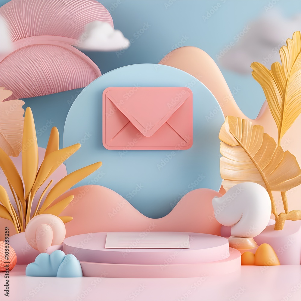 Poster pastel abstract background with envelope and product display stand