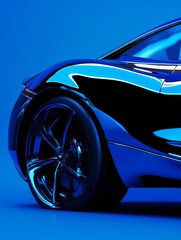 A sleek modern sports car in deep sapphire blue parked against a solid blue backdrop, with reflective surfaces enhancing the rich monochromatic blue design.