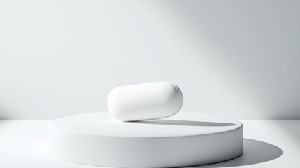 White pill is sitting on a white pedestal. The pill is round and white, and it is placed on a white surface. Concept of simplicity and minimalism, with the focus on the pill itself