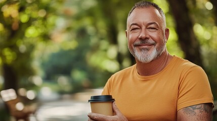 Middle-aged man with slight tremor holding cup of coffee on park bench, symbolizing struggle with Parkinson's disease, calm natural setting.